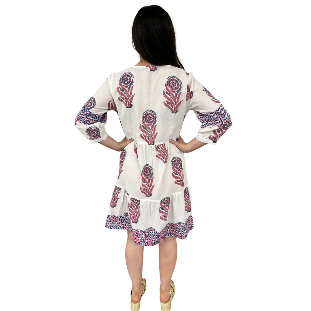 The Evie Hand Block Printed Dress in White and Pink Floral