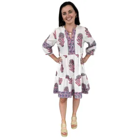 The Evie Hand Block Printed Dress in White and Pink Floral