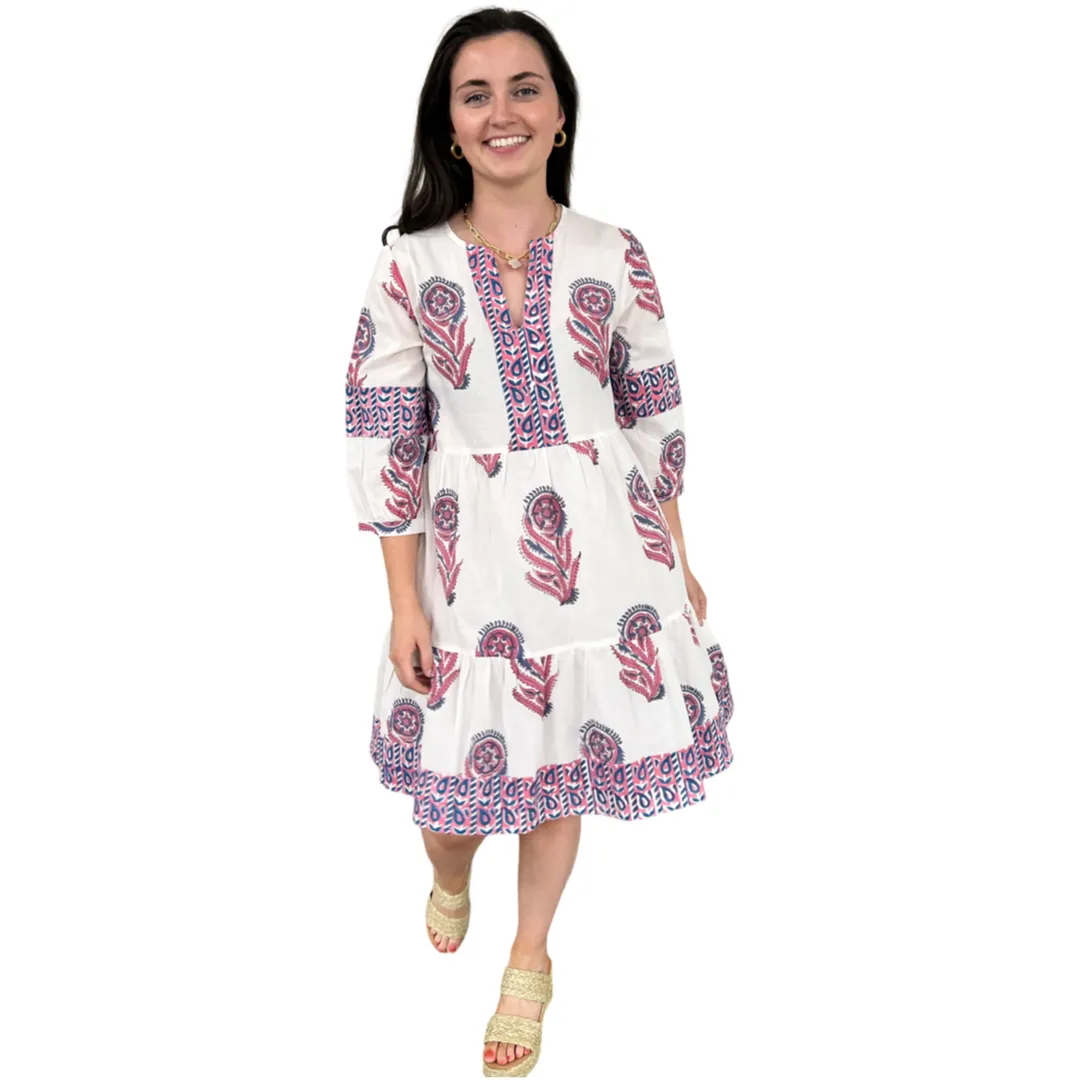 The Evie Hand Block Printed Dress in White and Pink Floral