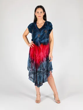 Tie Dye Print V Neck Umbrella Dress - D28406 - Navy Cerise
