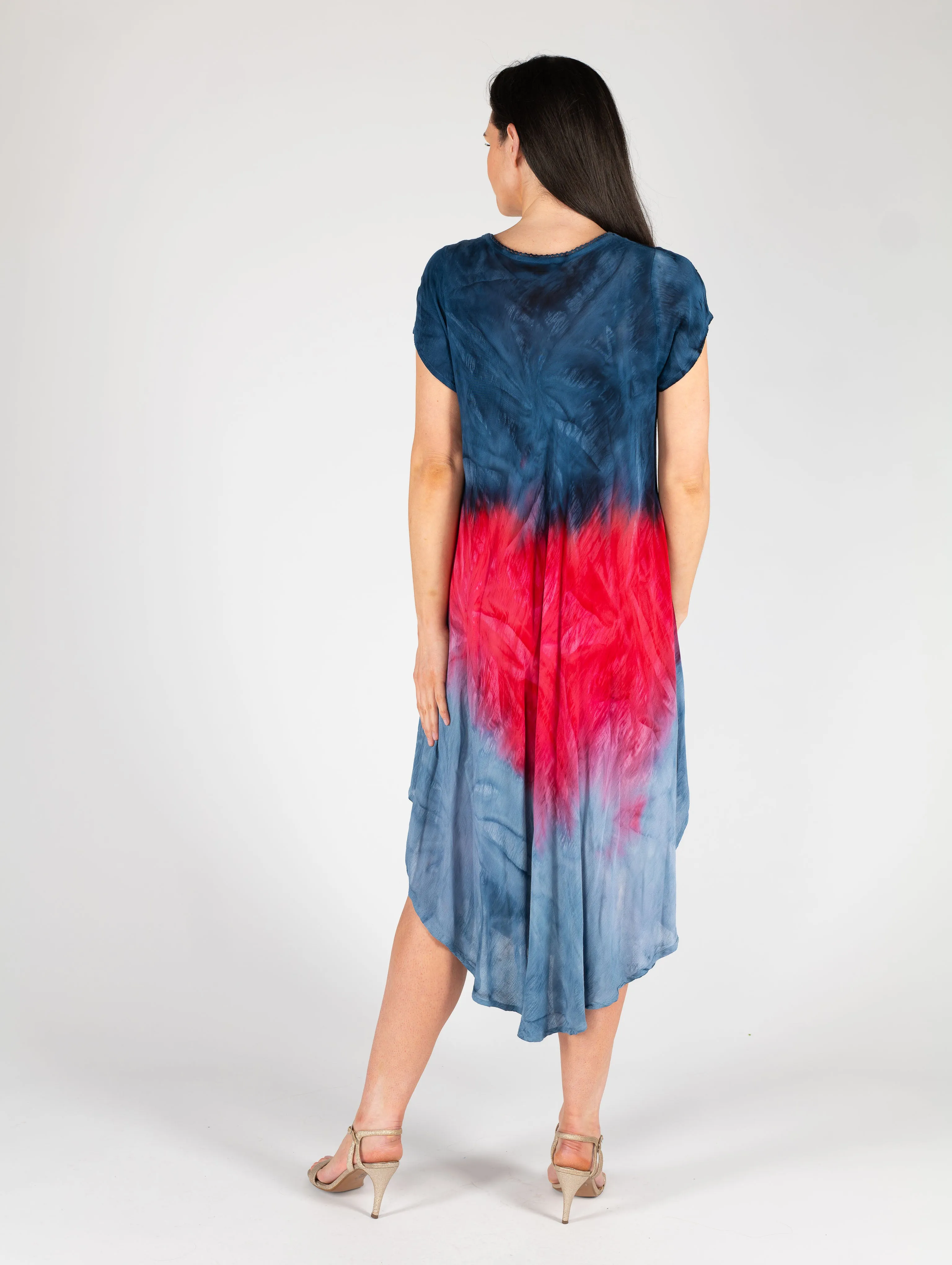 Tie Dye Print V Neck Umbrella Dress - D28406 - Navy Cerise