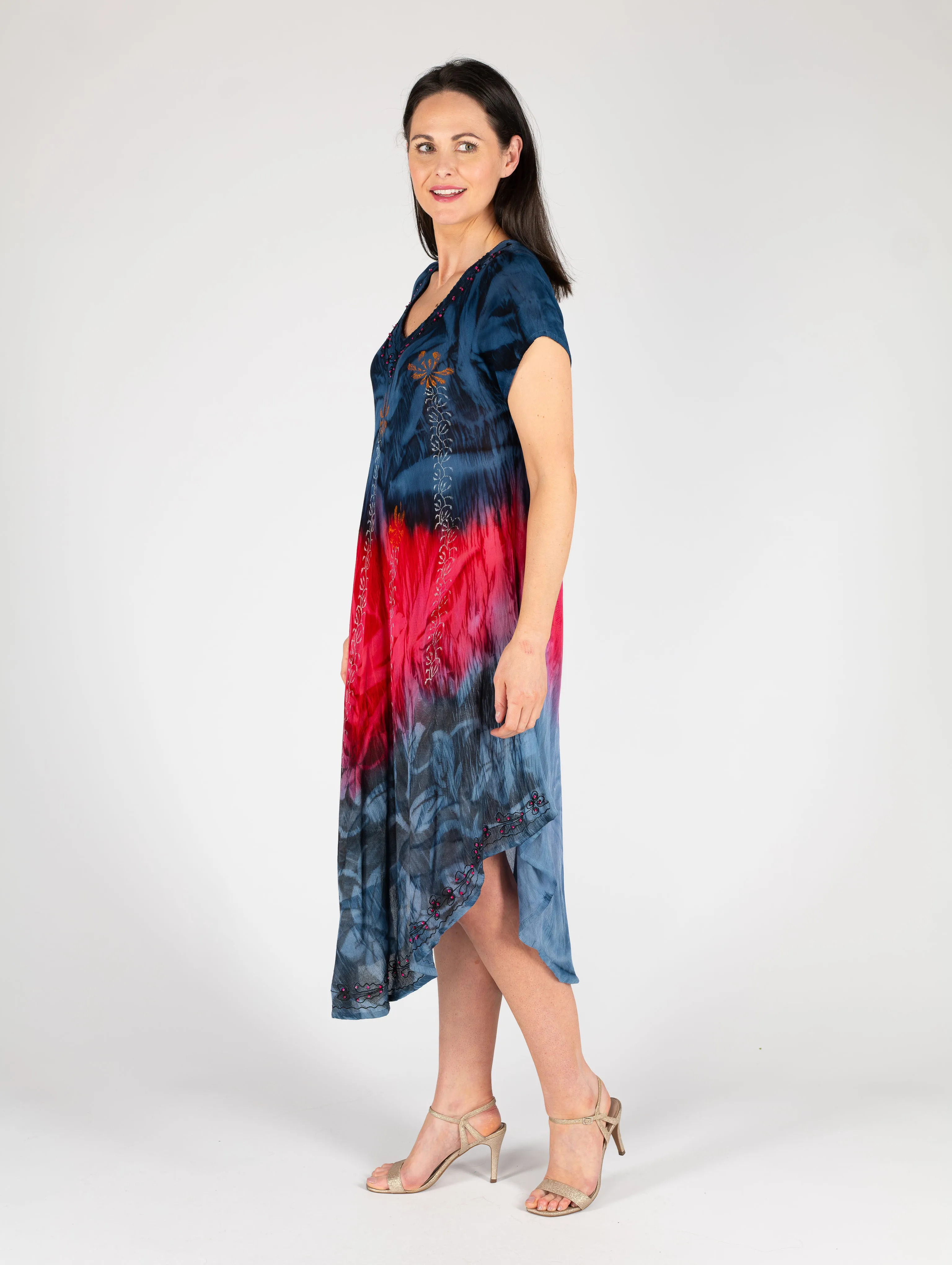 Tie Dye Print V Neck Umbrella Dress - D28406 - Navy Cerise