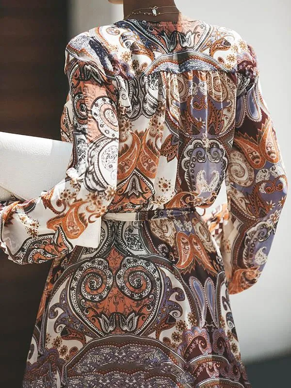 Unique Print Long Sleeves Bohemia Floral V-Neck Maxi Dress