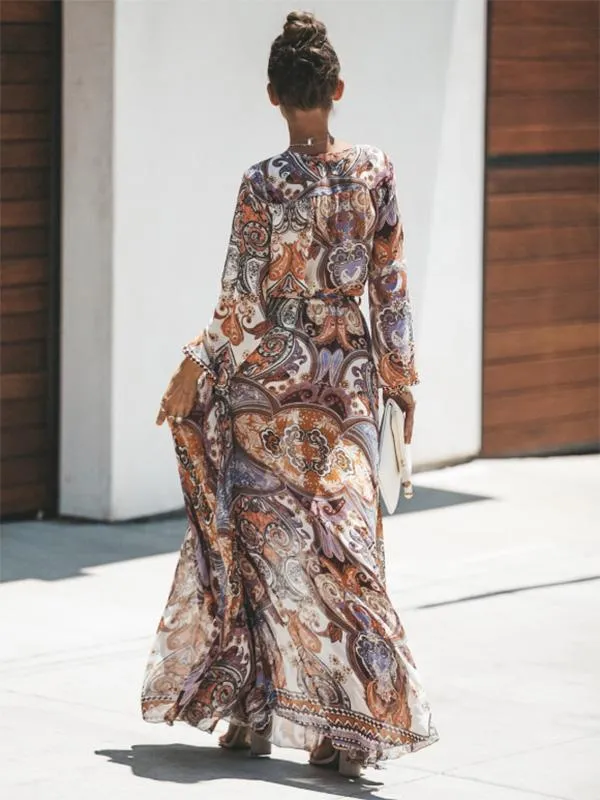 Unique Print Long Sleeves Bohemia Floral V-Neck Maxi Dress