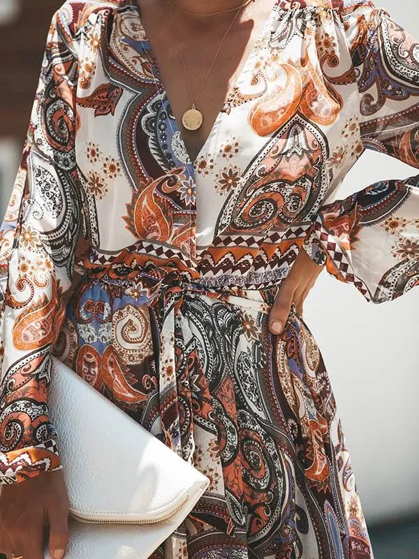 Unique Print Long Sleeves Bohemia Floral V-Neck Maxi Dress