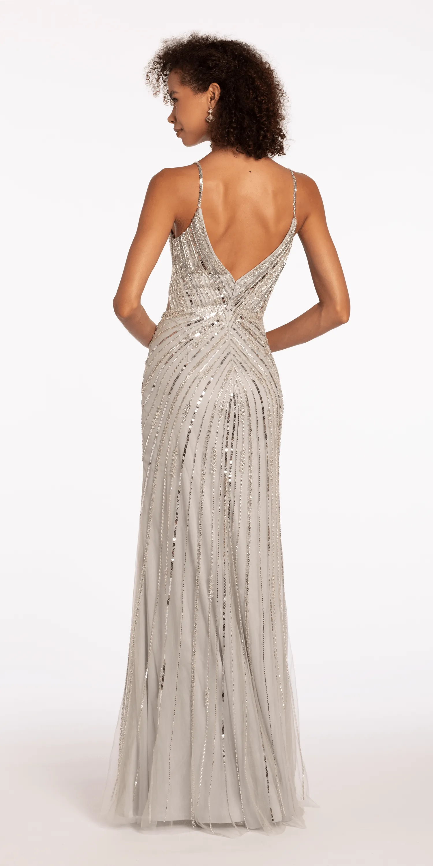 V Back Crossover Beaded Mesh Column Dress with Sheer Side Panels