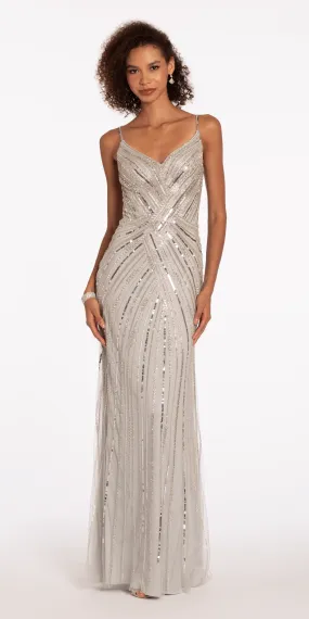 V Back Crossover Beaded Mesh Column Dress with Sheer Side Panels