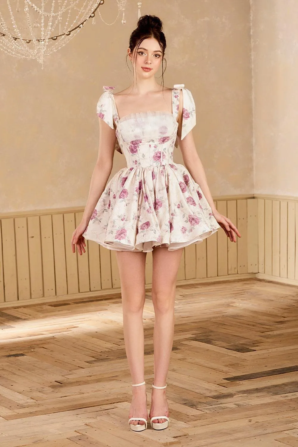 Valentine Fit and Flare Square Neck Silk Blend Mini Dress
