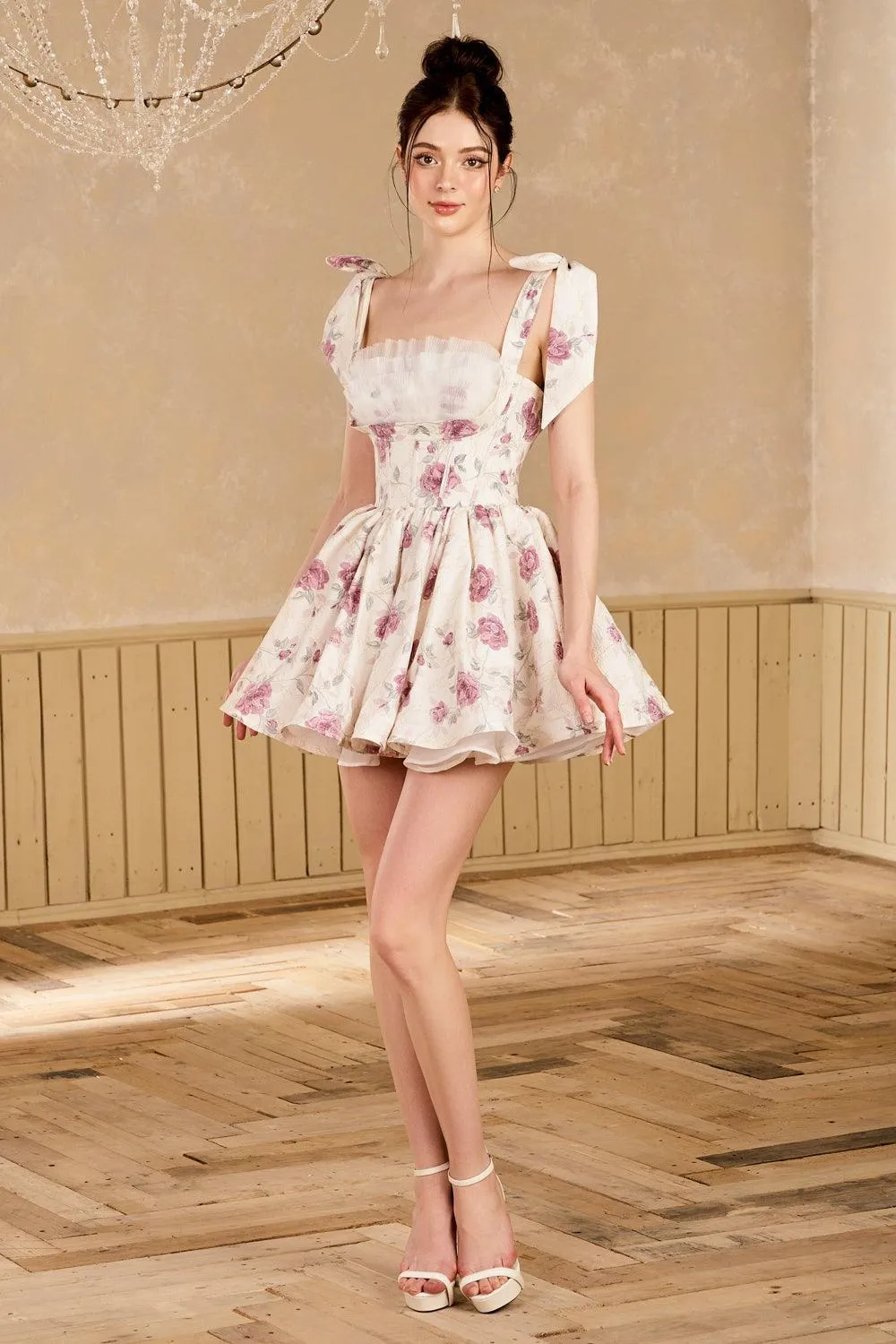 Valentine Fit and Flare Square Neck Silk Blend Mini Dress