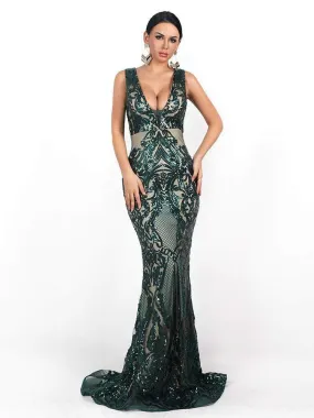 Vintage Green Sequin Maxi Prom Dress