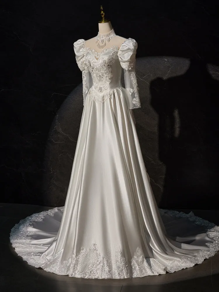 Vintage Satin Gorgeous Long Sleeves Appliques Wedding Dresses