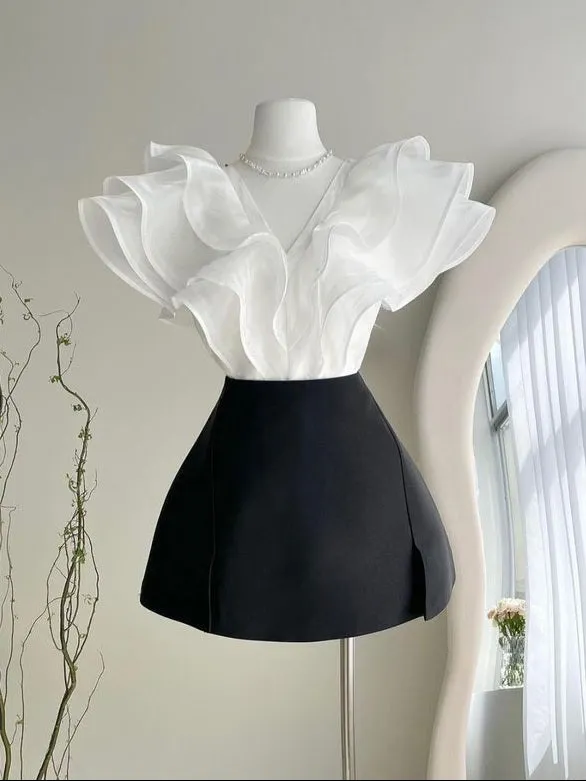 Wenkouban-Christmas Thanksgiving Gift New Year's Eve Dress party look inspos back to school dress  Dramatic Sheer Ruffle V-Neck Mini Dress