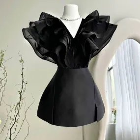 Wenkouban-Christmas Thanksgiving Gift New Year's Eve Dress party look inspos back to school dress  Dramatic Sheer Ruffle V-Neck Mini Dress