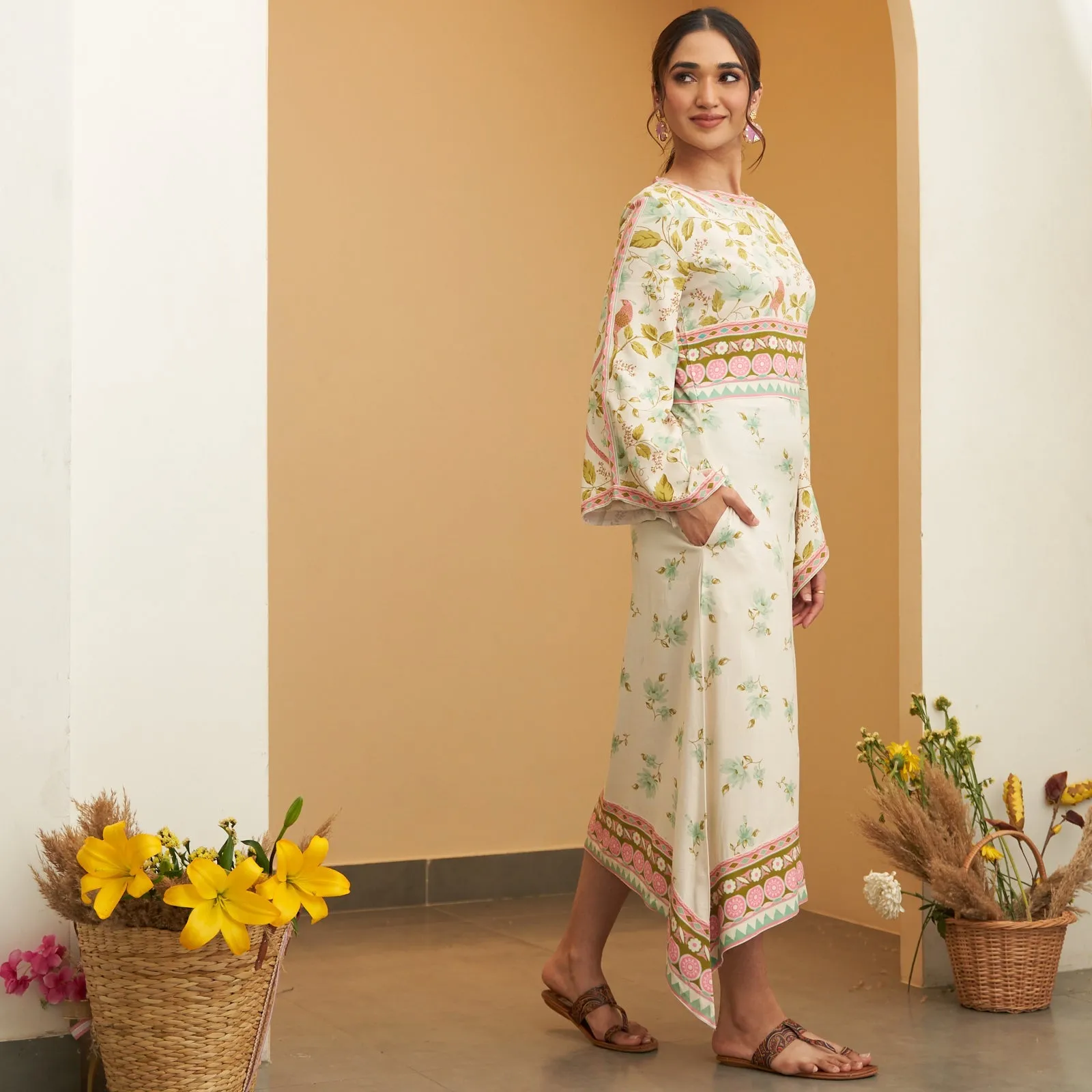 White Floral Flared Sleeves Dress
