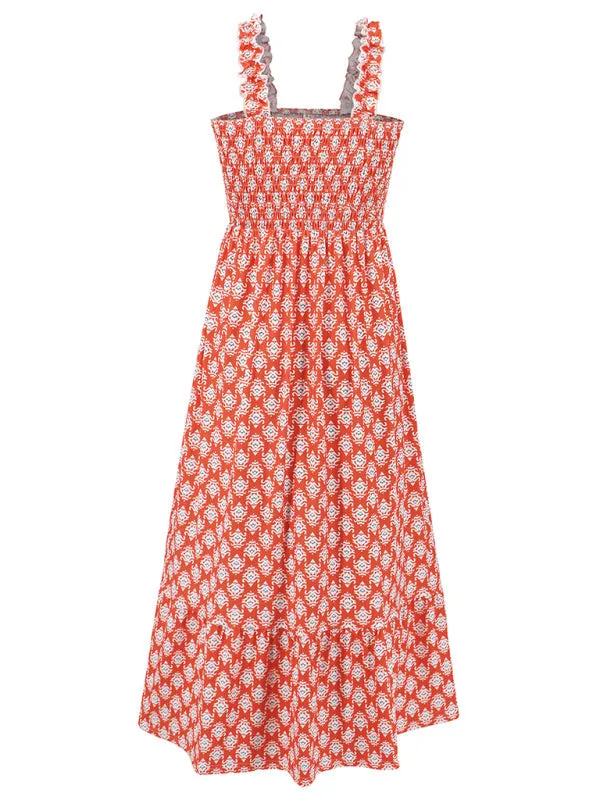 Women’s elegant printed elastic suspender skirt holiday style French floral suspender long dress