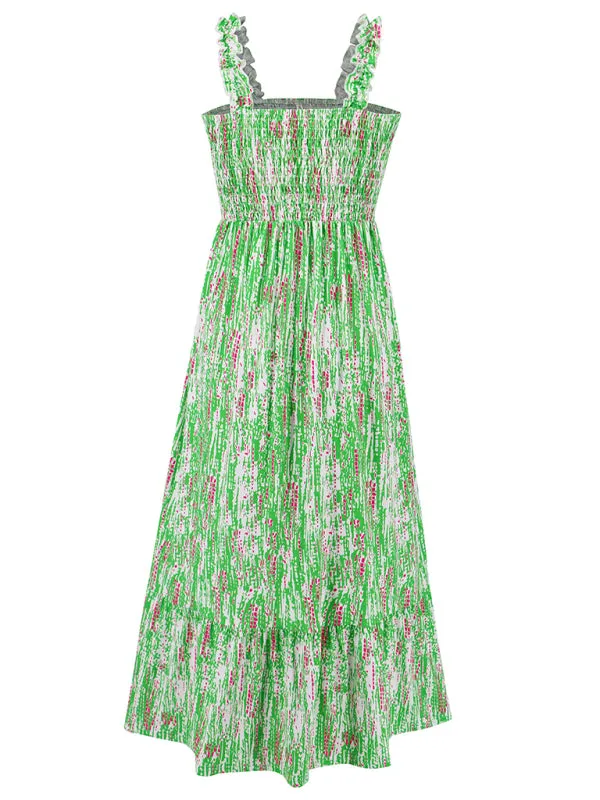 Women’s elegant printed elastic suspender skirt holiday style French floral suspender long dress