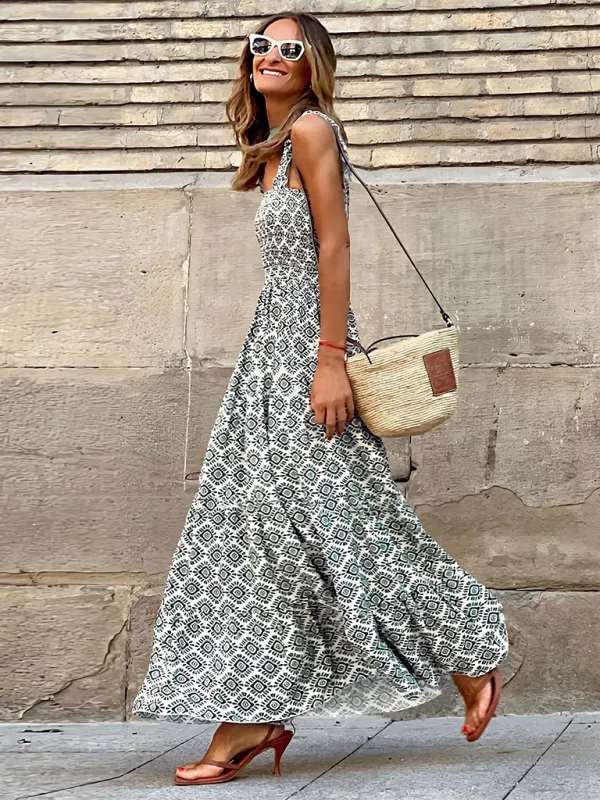 Women’s elegant printed elastic suspender skirt holiday style French floral suspender long dress