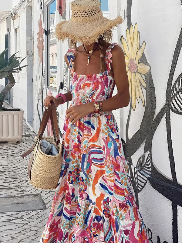 Women’s elegant printed elastic suspender skirt holiday style French floral suspender long dress