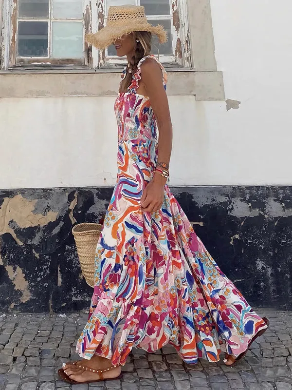 Women’s elegant printed elastic suspender skirt holiday style French floral suspender long dress