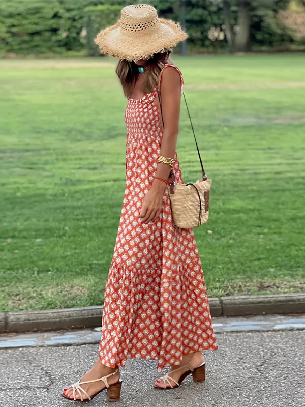 Women’s elegant printed elastic suspender skirt holiday style French floral suspender long dress
