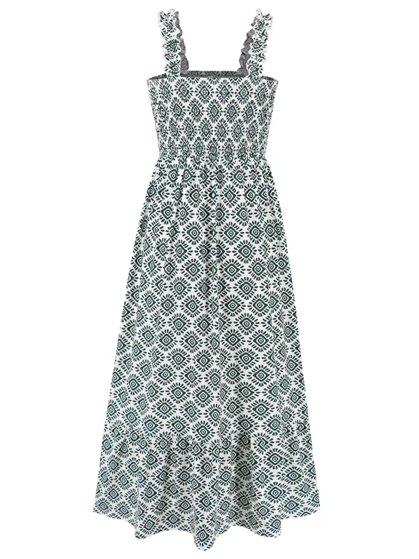 Women’s elegant printed elastic suspender skirt holiday style French floral suspender long dress