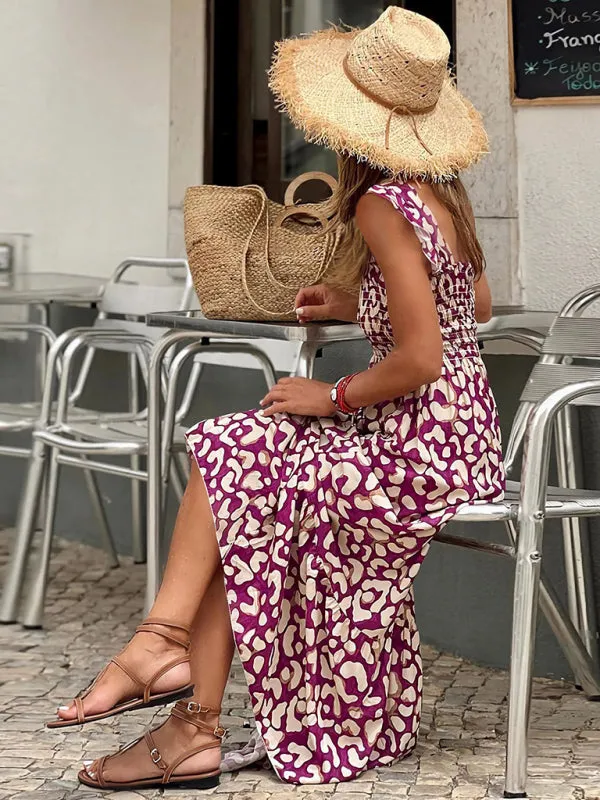 Women’s elegant printed elastic suspender skirt holiday style French floral suspender long dress