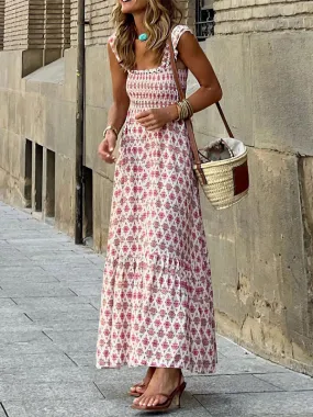 Women’s elegant printed elastic suspender skirt holiday style French floral suspender long dress