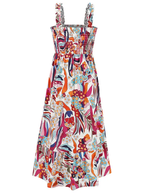 Women’s elegant printed elastic suspender skirt holiday style French floral suspender long dress