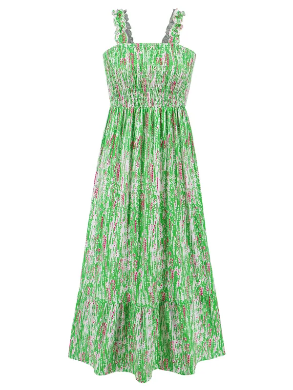 Women’s elegant printed elastic suspender skirt holiday style French floral suspender long dress