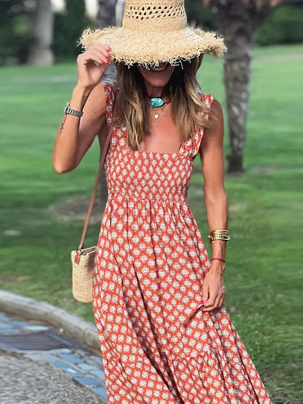 Women’s elegant printed elastic suspender skirt holiday style French floral suspender long dress