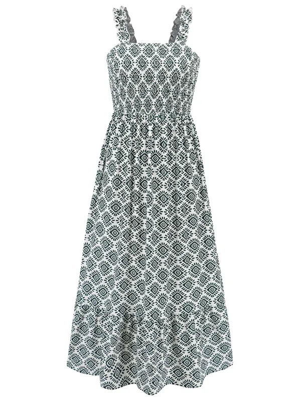 Women’s elegant printed elastic suspender skirt holiday style French floral suspender long dress