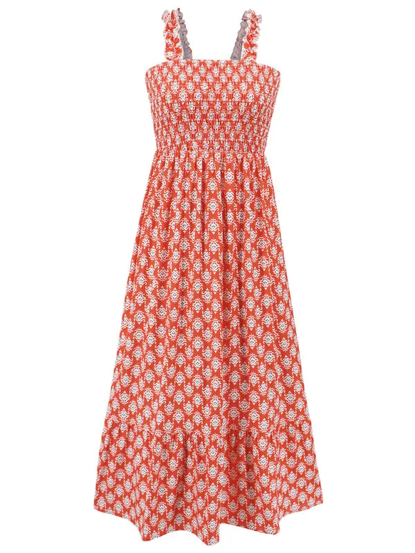 Women’s elegant printed elastic suspender skirt holiday style French floral suspender long dress