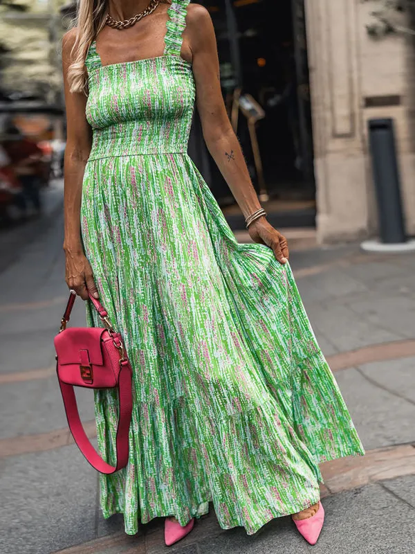 Women’s elegant printed elastic suspender skirt holiday style French floral suspender long dress