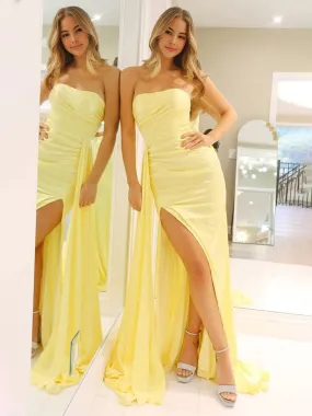 Yellow Mermaid Strapless Satin Long Prom Dresses With Split